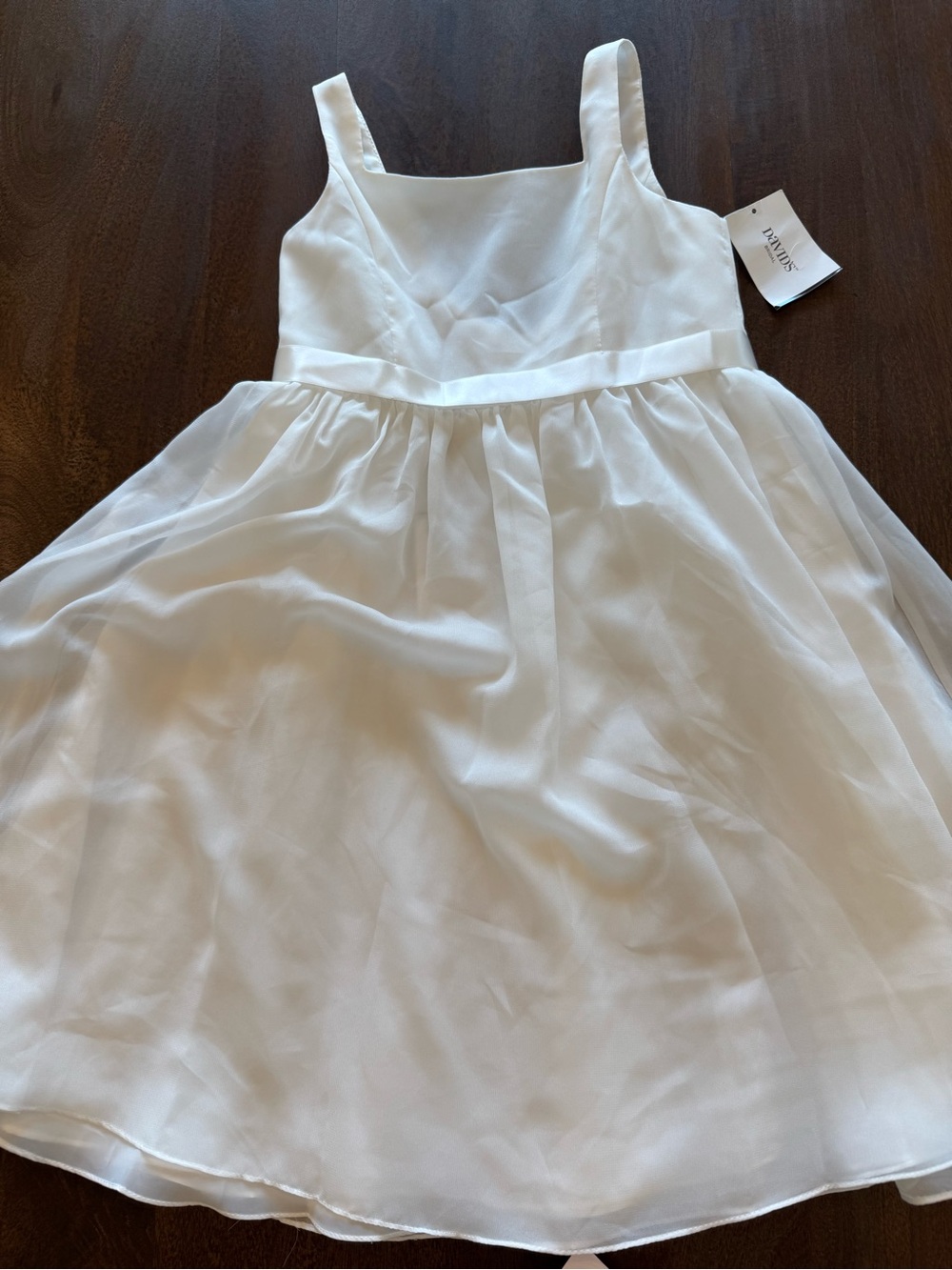 David's Bridal White Flower Girl Dress with Burgundy Sash - Picture 2 of 10